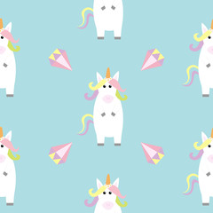 Obraz na płótnie Canvas Unicorn standing Kawaii head face. Diamond brilliant stone. Pastel color. Cute cartoon baby character. Funny horse. Seamless Pattern. Wrapping paper, textile template. Blue background. Flat design