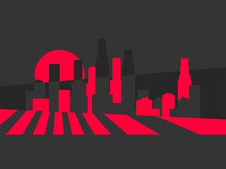 Panorama of city with skyscrapers. Light between buildings. Megalopolis in retro style. Vector illustration