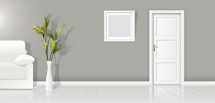 Element of architecture - vector background grey wall width closed white door and frame for picture 