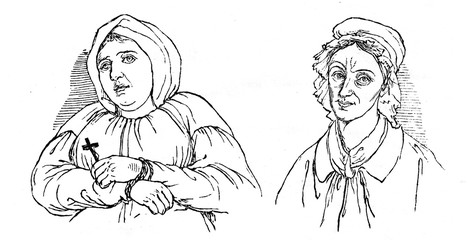 Fototapeta na wymiar Famous murders - Madame de Brinvilliers (left) and Gesche Gottfried (from Das Heller-Magazin, March 1, 1834)