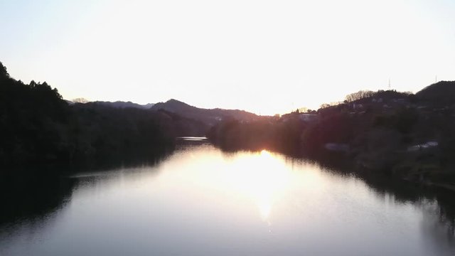 山梨県・河口湖・夕日・空撮