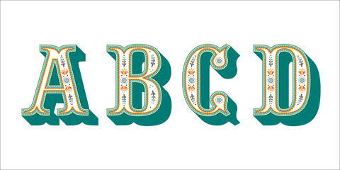 folk alphabet ornamental floral letter A B C D