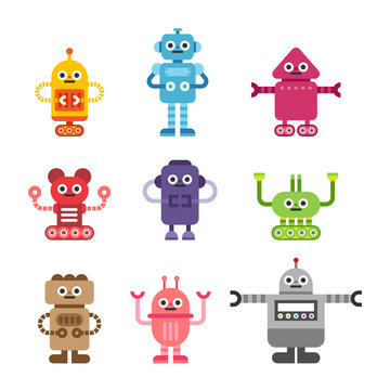various kind of cute robots character vector flat graphic design illustration set