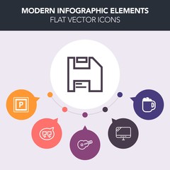 Modern, simple, colorful vector infographic background with concert, screen, computer, diskette, chat, speech, cafe, hot, save, urban, pc, printer, caffeine, mug, disk, bubble, music, dialog icons
