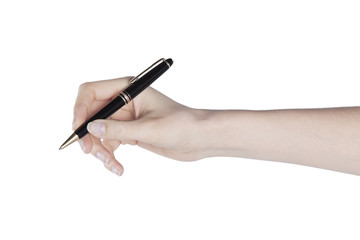 Female hand holding a pen on isolated background