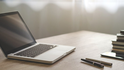 laptop, finance documents data on office desktop, selected focus