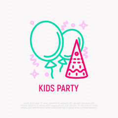 Kids party thin line icon: baloons, confetti, decoration. Modern vector illustration.