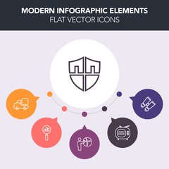 Modern, simple, colorful vector infographic background with view, vehicle, presentation, web, magnifying, sign, video, meeting, secure, look, guard, delivery, television, tuner, lorry, people icons