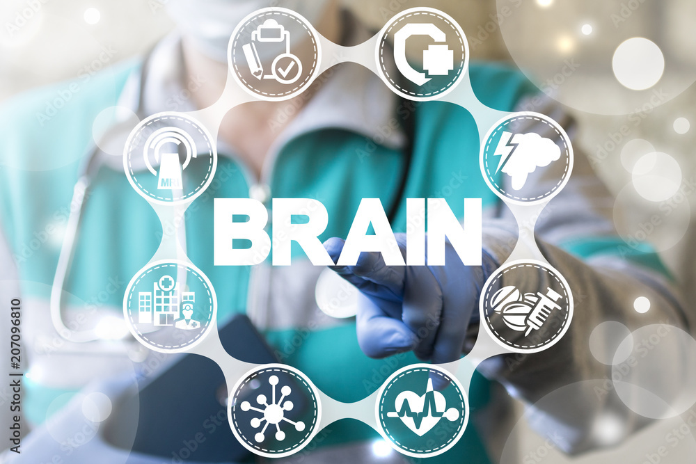 Poster doctor checking brain testing result with computer interface. innovative technology in science and m