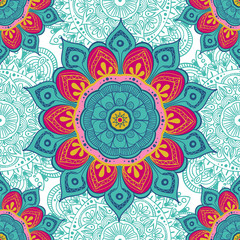 Flower mandala colorful background for cards, prints, textile and coloring books. Seamless pattern