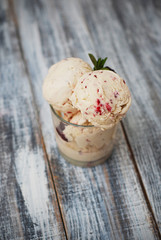 Berry Ice Cream Scoops Gray Textured Gray wooden Background mint Leaves Desert Homemade Icecream