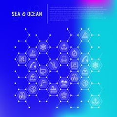 Sea and ocean journey concept in honeycombs with thin line icons: sailboat, fishing, ship, oysters, anchor, octopus, compass, steering wheel, snorkel. Modern vector illustration, print media template