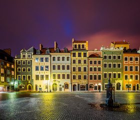 Market square at night in Warsaw, Poland 