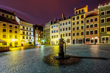 Market square at night in Warsaw, Poland 
