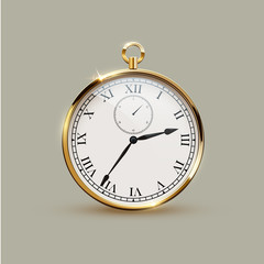 Golden realistic vintage watch isolated on gray background. Vector illustration.