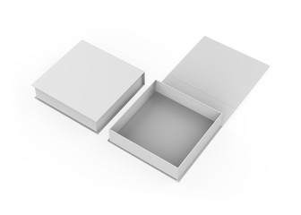 White gift box, white gift bag. Blank gift boxes and gift bags on isolated white background, 3d illustration