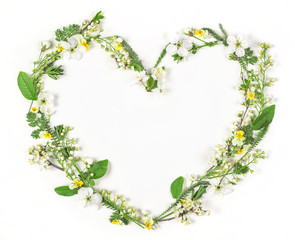 Heart symbol made of spring flowers and leaves isolated on white background. Flat lay. Top view.