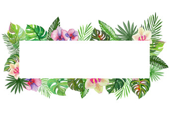 Frame with watercolor tropical plants and flowers.