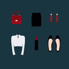 Collection of clothing for women. Set with skirt, blouse, bag, shoes, earring and lipstick.