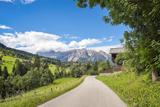 Mountain road view on Dachstein massif, Austria