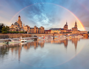 Dresden, Germany old town skyline with rainbow