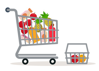 Shopping cart in the supermarket with goods. Flat style. Vector