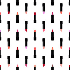 Obraz premium Seamless pattern with lipstick of different colors.