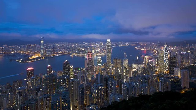 View of Victoria Harbour and city Skyline, Hong Kong from Victoria Peak, China, T/Lapse