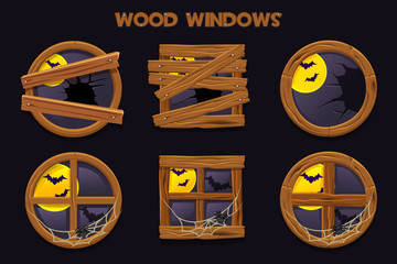 Different shape and old shattered wood windows, cartoon building objects with cobwebs and full moon.