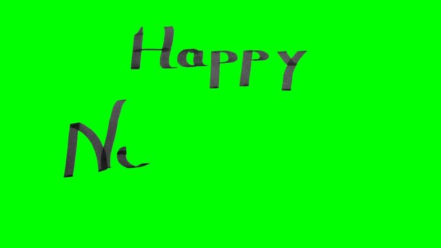 Green screen animation calligraphy writing happy new year with black ink on paper texture