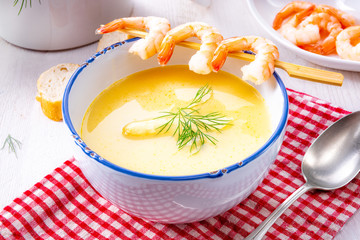 rustic asparagus soup with shrimp skew and diel