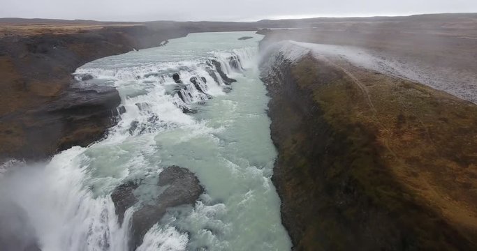 The amazing Gullfoss waterfall in Iceland on an overcast and rainy day.