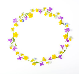 Round frame wreath made of meadow flowers isolated on white background. Top view. Flat lay.