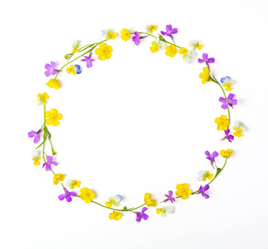 Fototapeta Round frame wreath made of meadow flowers isolated on white background. Top view. Flat lay.