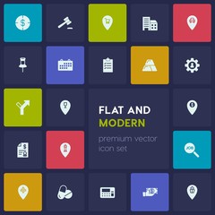 Modern Simple Set of business, health, location Vector fill Icons. Contains such Icons as  airplane,  harbor,  architecture, house, sea, find and more on dark background. Fully Editable. Pixel Perfect