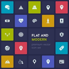 Modern Simple Set of business, health, location Vector fill Icons. Contains such Icons as  tag, finance, human,  treasure, atm,  travel, sale and more on dark background. Fully Editable. Pixel Perfect