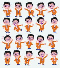 Cartoon character businessman with glasses. Set with different postures, attitudes and poses, doing different activities in isolated vector illustrations.