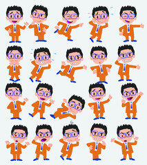 Cartoon character businessman with glasses. Set with different postures, attitudes and poses, doing different activities in isolated vector illustrations.