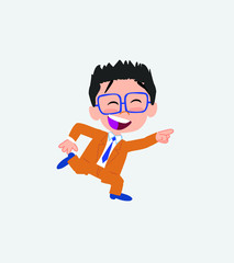 Businessman with glasses running smiling.