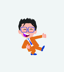 Businessman with glasses laughing while teaching something to his left. 