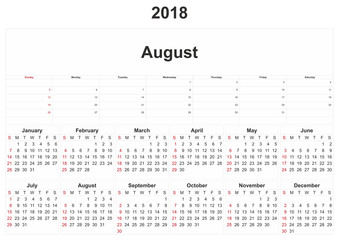 2018 monthly calendar with white background.