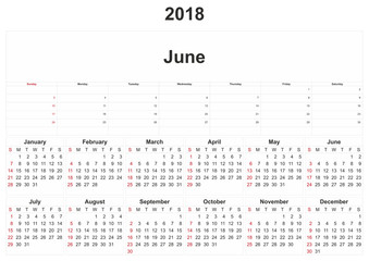 2018 monthly calendar with white background.