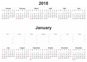2018 monthly calendar with white background.