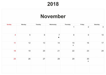 2018 monthly calendar with white background.