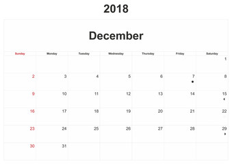 2018 monthly calendar with white background.