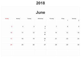 2018 monthly calendar with white background.
