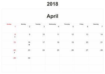 2018 monthly calendar with white background.