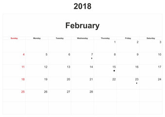 2018 monthly calendar with white background.