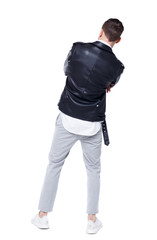 Back view of a stylish man in a leather jacket
