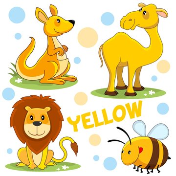 A set of wild animals and insects for children and a yellow design. The image of a lion, a kangaroo, a camel, a bee, a bumblebee.